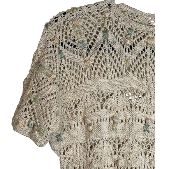 Vintage Handmade Pointelle Knit Short Sleeve Sweater M Openwork Cottage Rosettes - Picture 4 of 13